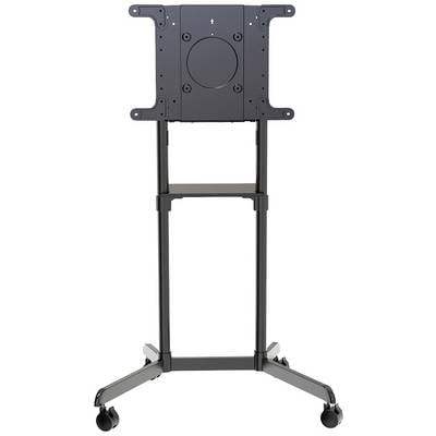 TV stand on wheels with height-adjustable mount. Black metal frame, suitable for presentation purposes.