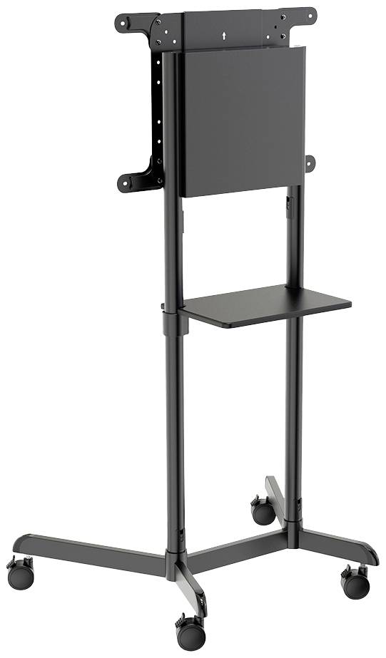 A movable, black TV stand with an adjustable height shelf, suitable for screen presentations in offices or conference rooms.