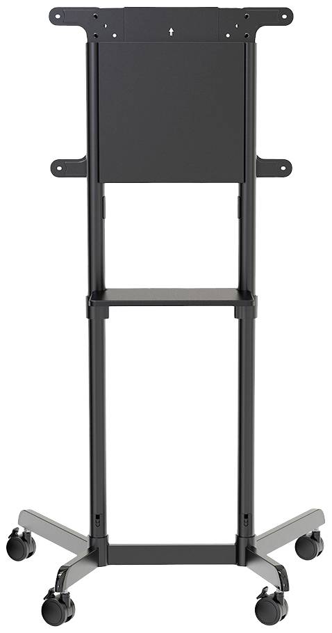 Black, mobile TV stand with wheels, suitable for large screens. Robust and height-adjustable, ideal for presentations.