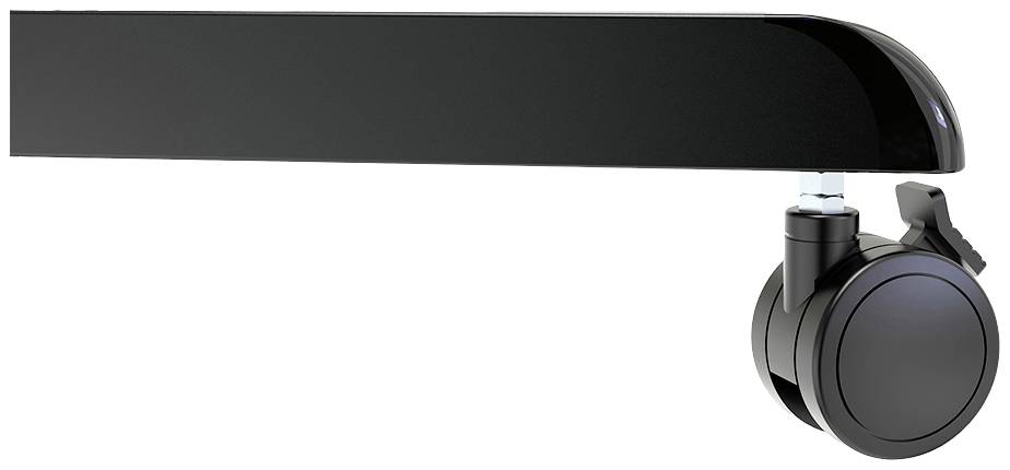 A black furniture castor with a lock on a furniture leg. The wheel is round and rotatable. It provides mobility and stability for furniture.