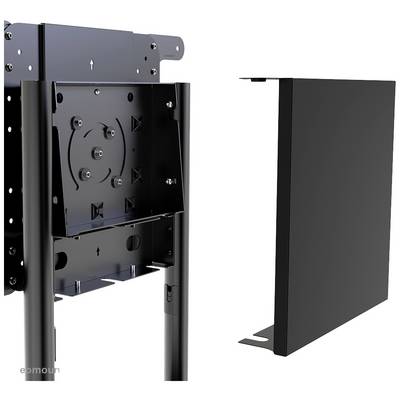 Mounting bracket for flat screens on the left, black shutter cover on the right, both suitable for TV mounting on vertical poles.