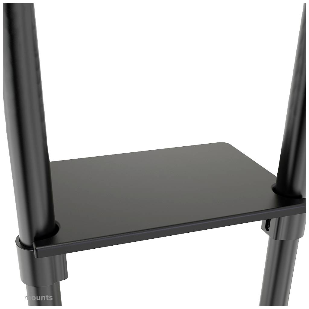 Close-up of a black shelf board mounted between two vertical uprights.