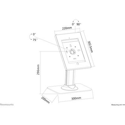 Technical drawing of a rotatable tablet holder. Dimensions: Height 302.5 mm, Base 300 x 200 mm, Tilt 0° to 75°, Rotation 0° to 90°.