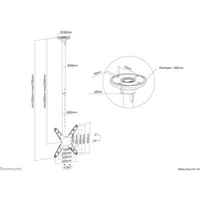 'Ceiling mount for projector with adjustable tube (max. length 1385 mm, min. 1080 mm), rotatable up to ±180°, tiltable up to ±20°.'