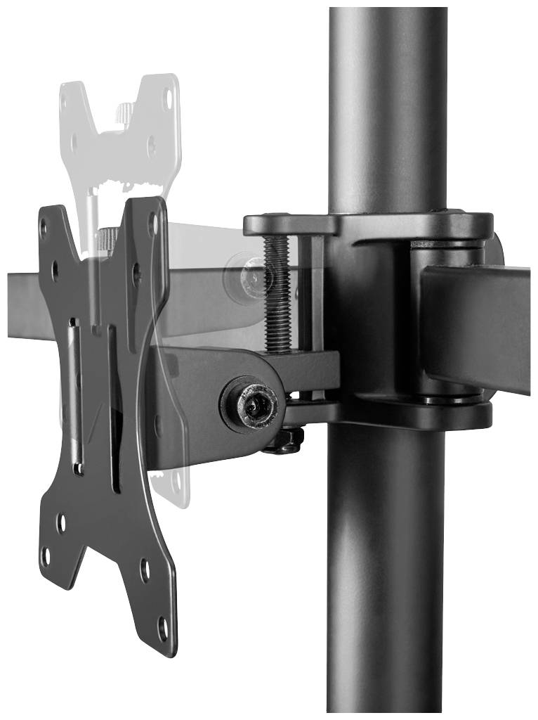 A metal monitor mount, side-mounted on a vertical pole. Suitable for attaching flat screens.