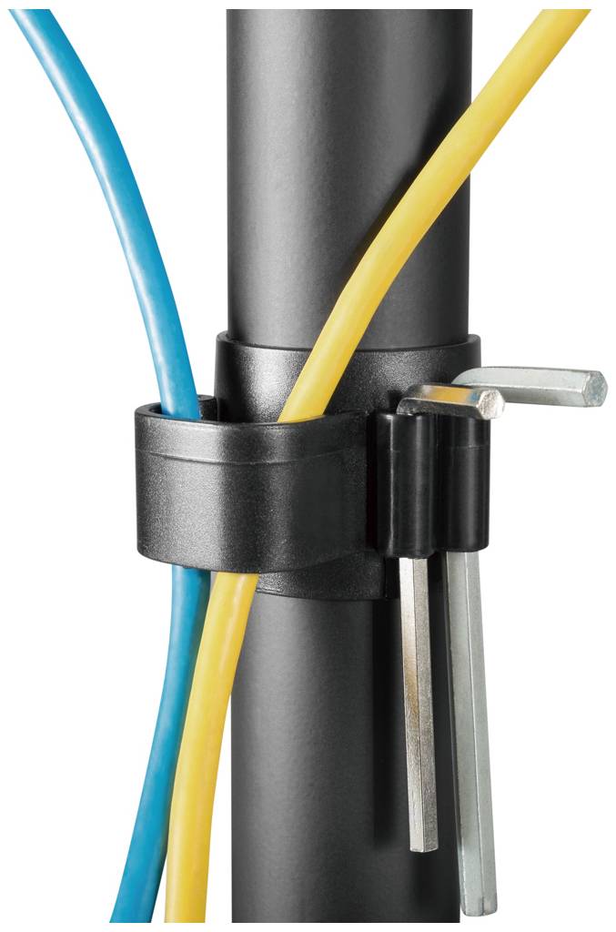 A black cable tie secures a blue and a yellow cable to a pipe. Two metal tools are also attached to the cable tie.