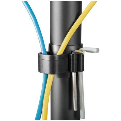 A black cable tie secures a blue and a yellow cable to a pipe. Two metal tools are also attached to the cable tie.