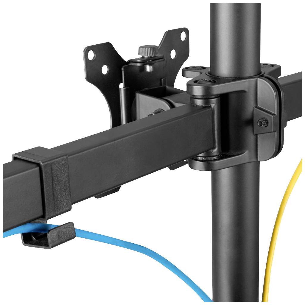 Metal mounting bracket on a vertical pipe, with cable management fixing mechanism in blue and yellow.