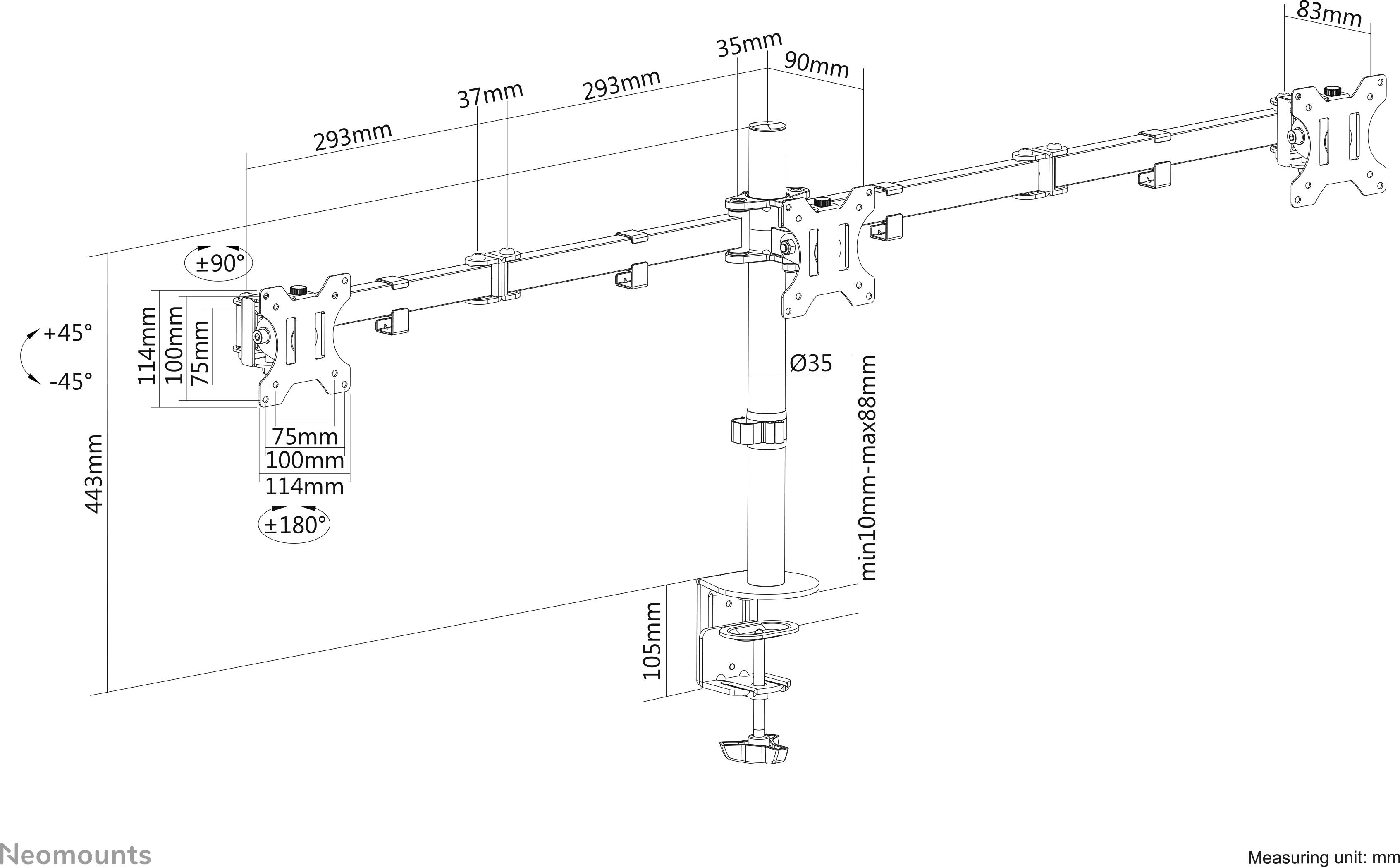 Technical drawing of an adjustable monitor arm. Dimensions, pivot and tilt angles are specified. Maximum height 443mm, width 612mm.