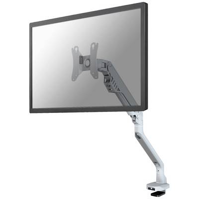 An adjustable monitor arm with a screen mounted on a table. The arm is grey and provides flexibility for screen positioning.