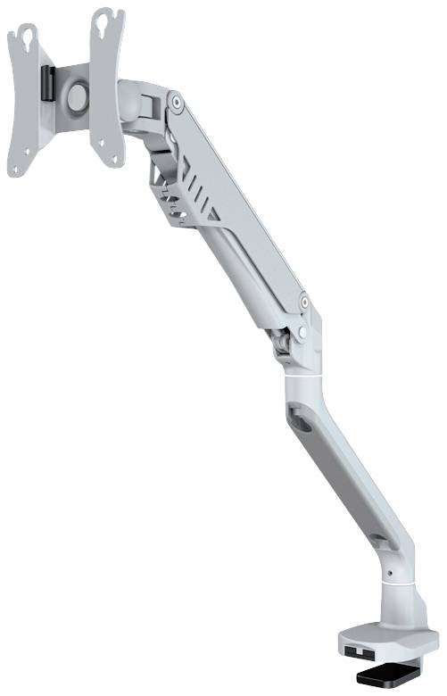 Metal monitor mount with adjustable arm, suitable for attaching monitors to desks, viewed from the side.