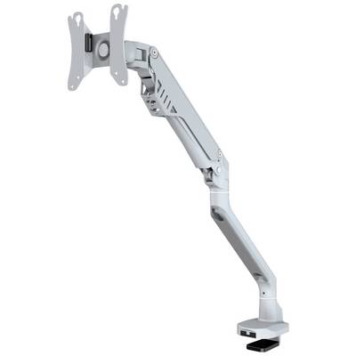 Metal monitor mount with adjustable arm, suitable for attaching monitors to desks, viewed from the side.