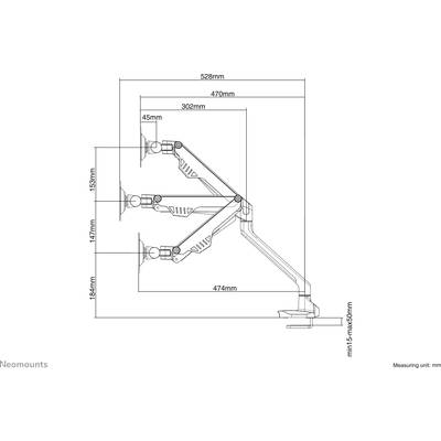 Technical drawing of a triple monitor arm with dimensions in millimetres. Shows arm lengths, height adjustment, and mounting.