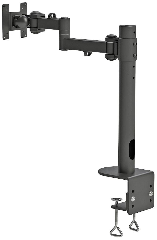 A black monitor arm with a clamp for securing to the desk edge, consisting of multiple joints for flexible positioning of the screen.