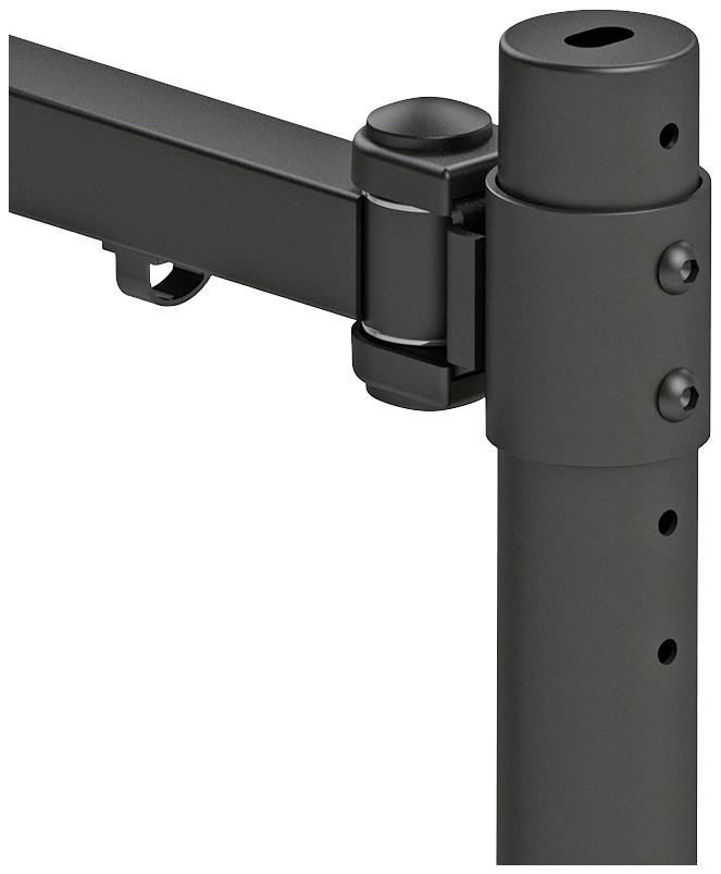 Black metal articulated arm, showing attachment point between horizontal arm and vertical pipe, suitable for scaffolding or furniture.