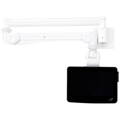 A white, wall-mounted monitor bracket with a screen pointing downwards. Ideal for flexible positioning.