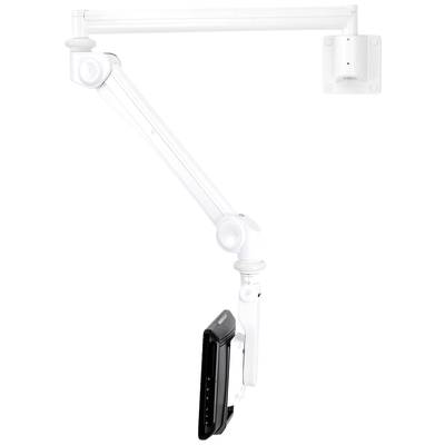 Image of a white, adjustable wall-mounted monitor arm with a mounting bracket. The arm features multiple joints for flexible positioning.