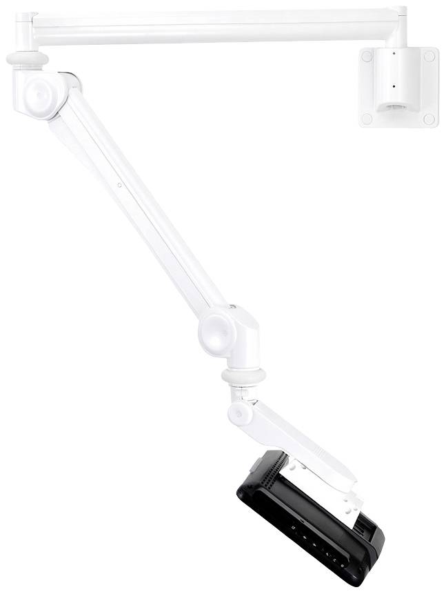 A white, adjustable wall-mounted arm with a black bracket at the bottom, suitable for mounting and flexibly positioning devices.