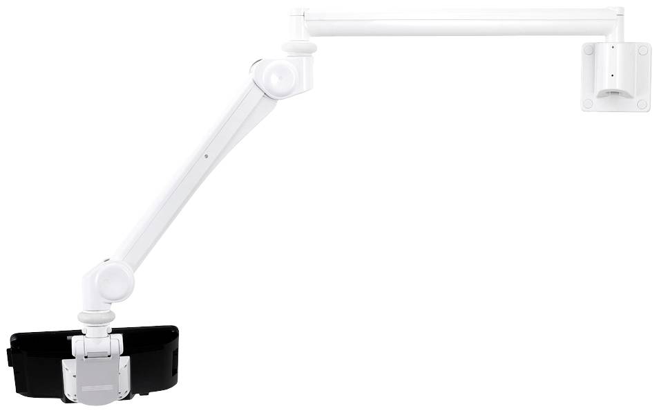 A white, adjustable wall-mounted arm with two joints, supporting a monitor holder. Ideal for flexible screen positioning.