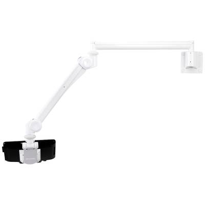 A white, adjustable wall-mounted arm with two joints, supporting a monitor holder. Ideal for flexible screen positioning.