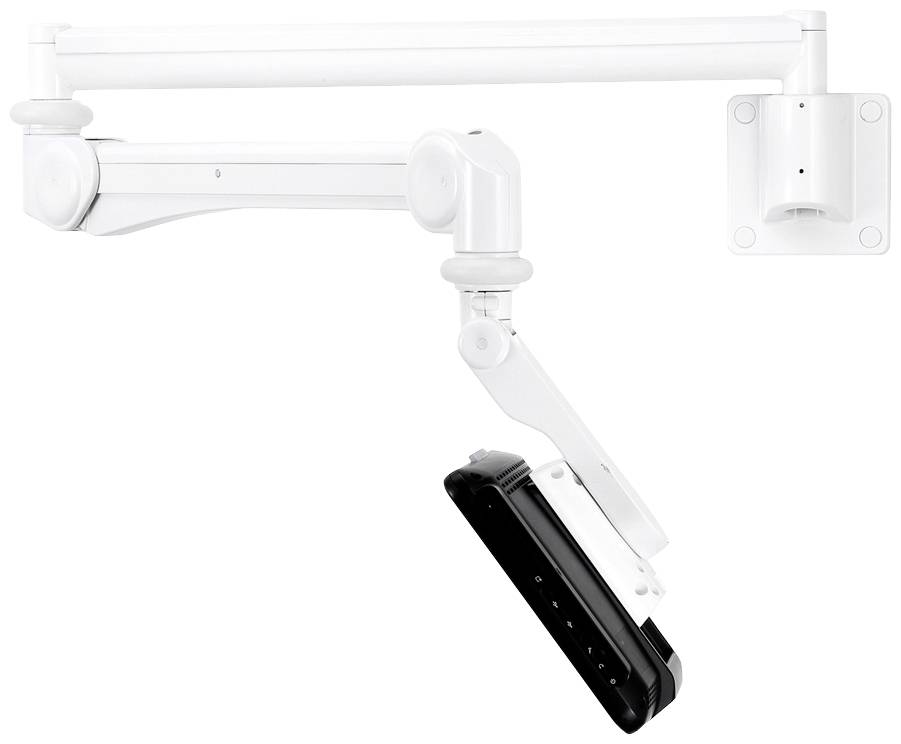 A white, adjustable wall-mounted arm supporting an electronic device with a black surface. Suitable for multiple positioning options.