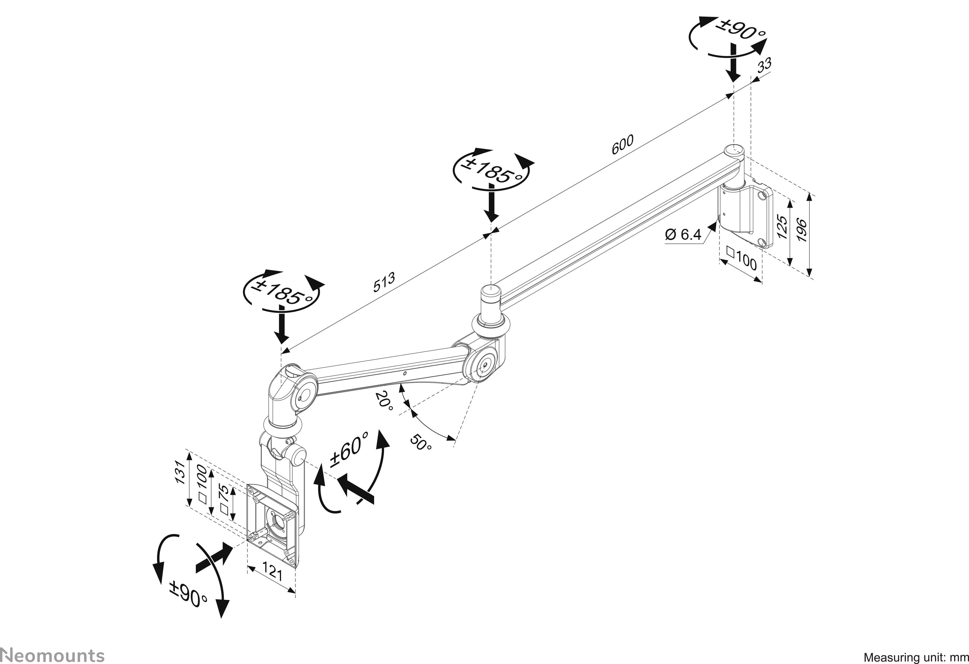 Technical drawing of an adjustable monitor arm with dimensions and rotational angles specified in degrees; unit of measurement: mm.