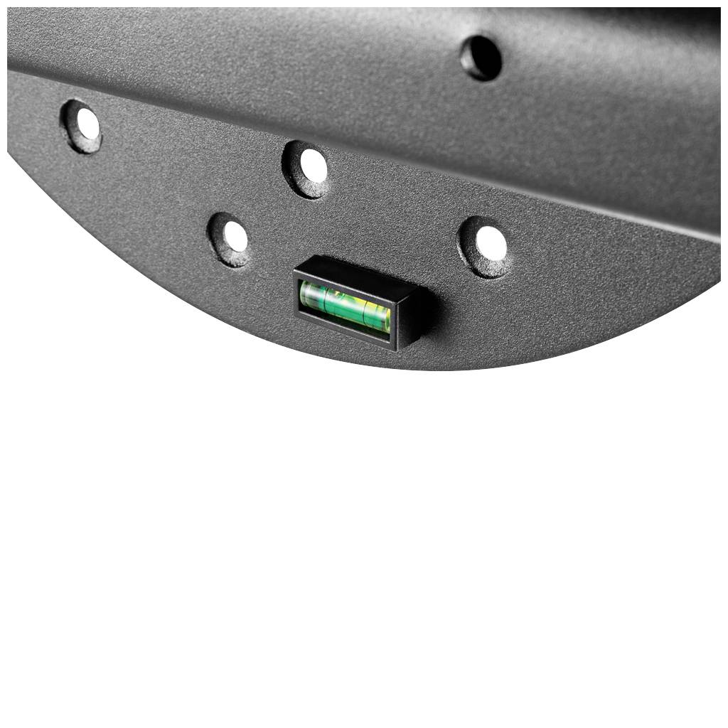 A black metal plate with four drill holes and an integrated spirit level for precise alignment.