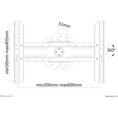 'Drawing of a monitor mount. Height adjustable from 50mm to 405mm and width adjustable from 200mm to 600mm, with 360° rotation.'