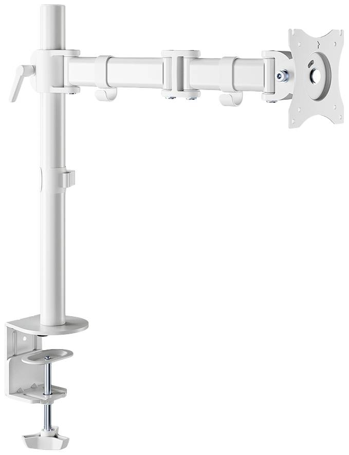 Adjustable white monitor mount for table mounting. Includes a jointed arm and a clamp for attachment.