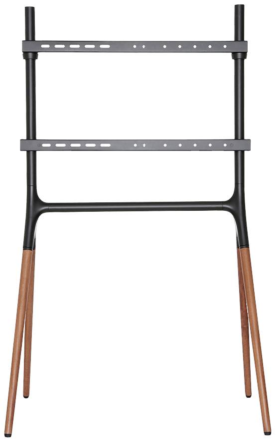 Black TV stand with two horizontal mounting brackets, supported on four wooden legs. Suitable for modern living spaces.