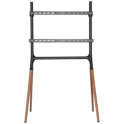 Black TV stand with two horizontal mounting brackets, supported on four wooden legs. Suitable for modern living spaces.