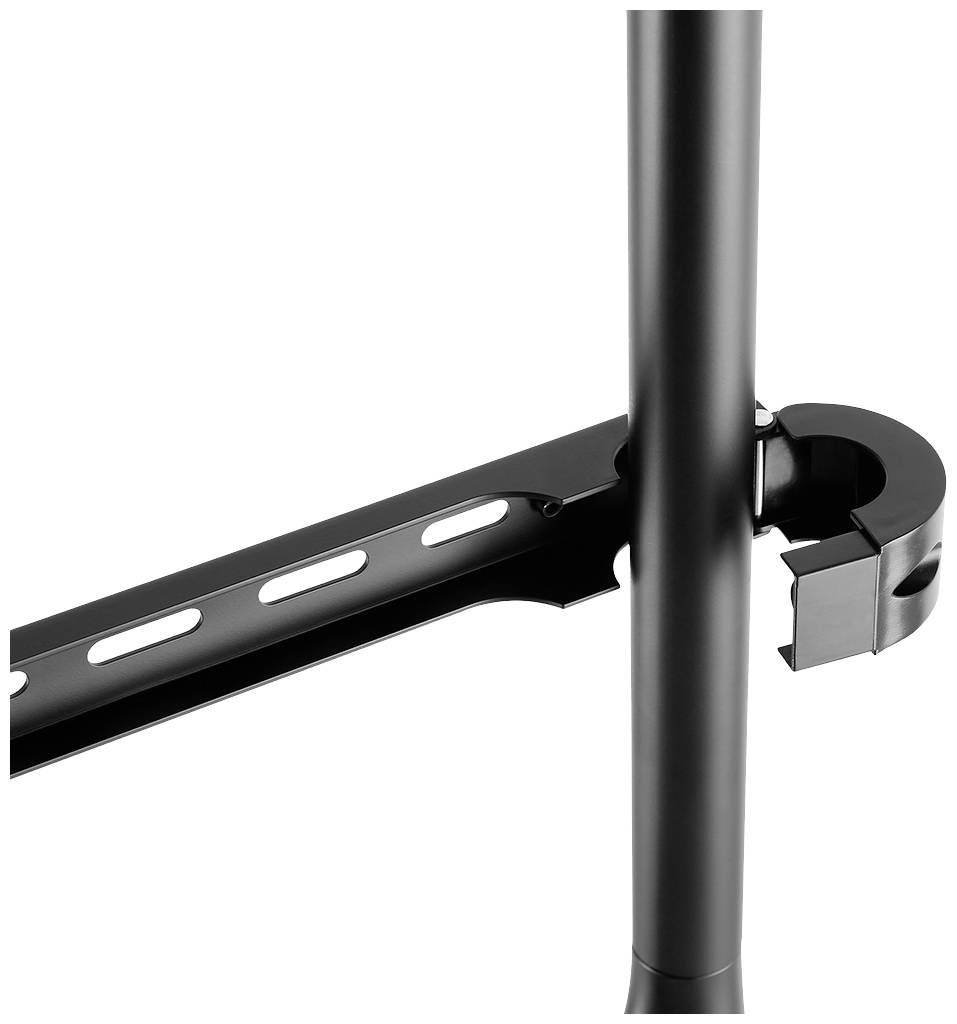 Close-up of a black metal tube with a mounting bracket fixed to a perforated metal strip.