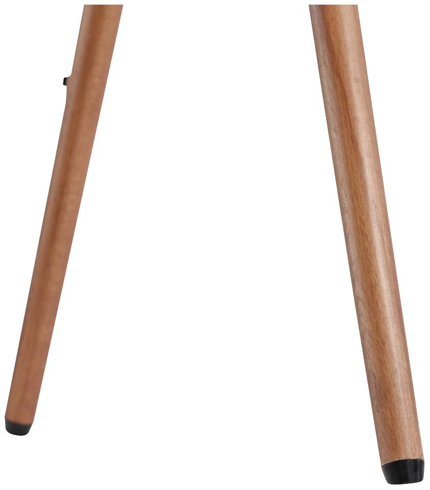 'A single wooden table leg with a black rubber foot. Simple, slender design.'
