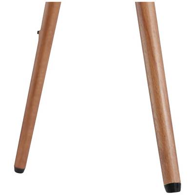 'A single wooden table leg with a black rubber foot. Simple, slender design.'