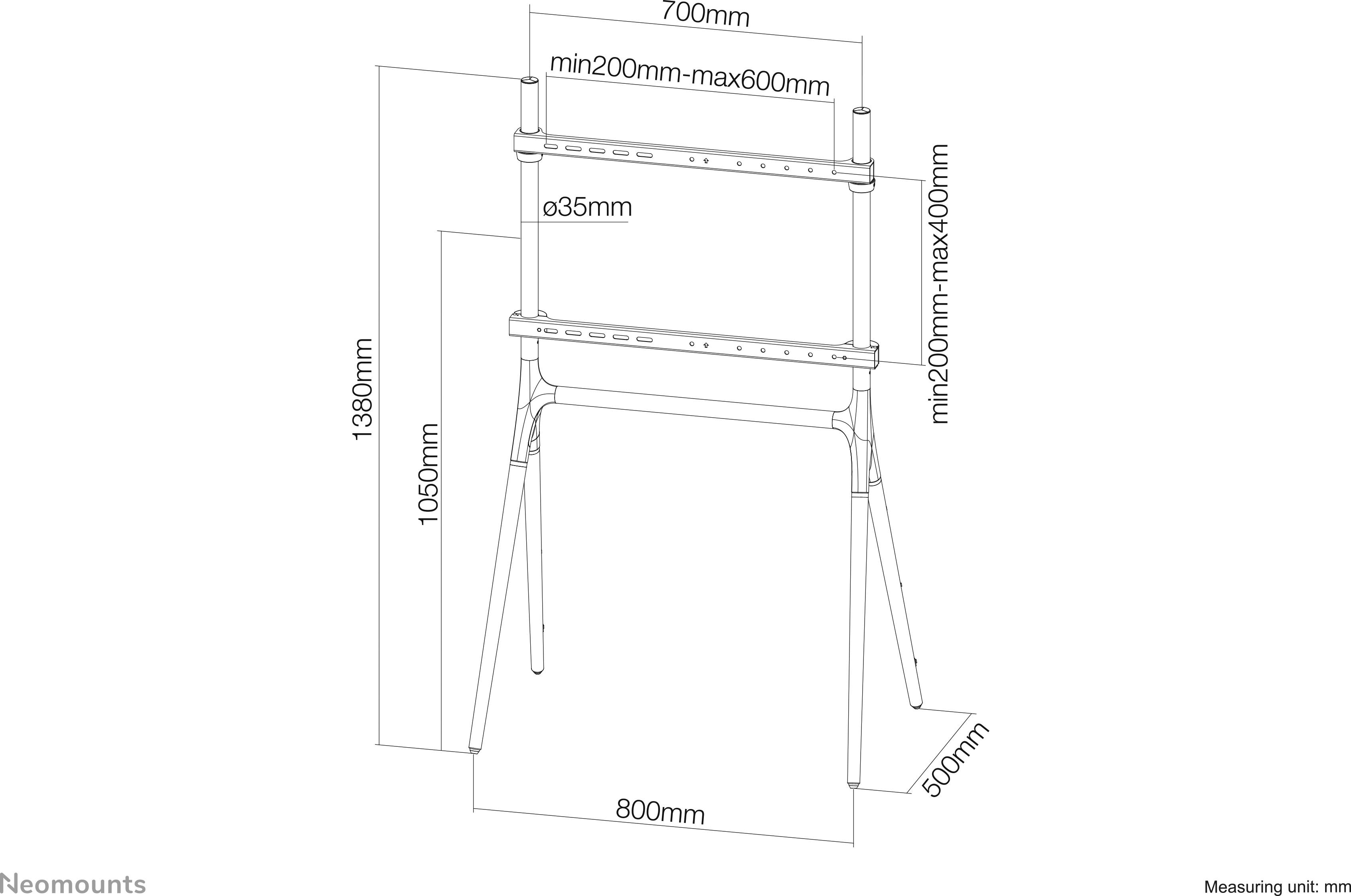 Sketch of a stand with dimensions. Height: 1390mm. Maximum width: 800mm. Adjustable struts: 200-600mm width, 200-400mm height. Tube diameter: 35mm.