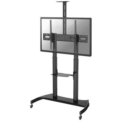 A black mobile TV stand with adjustable height, suitable for large flat screens, mounted on castors for easy mobility.