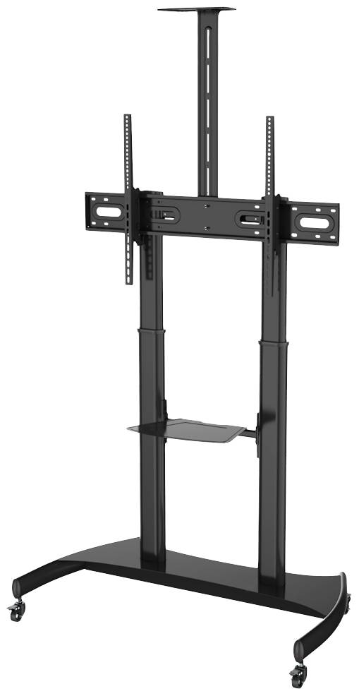 A black, mobile TV stand with an adjustable mounting bracket and shelving, suitable for large screens.