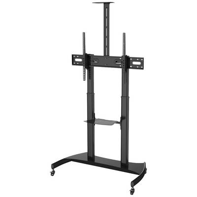 A black, mobile TV stand with an adjustable mounting bracket and shelving, suitable for large screens.