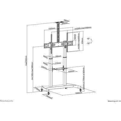 A height-adjustable TV trolley with wheels, suitable for screens from 32 to 100 inches. Minimum height 1555mm, maximum height 1655mm.