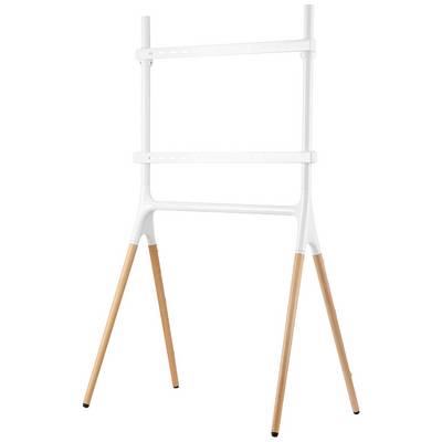 White TV stand with wooden legs, suitable for flat screens. Modern, minimalist style. Ideal for living rooms.<br><br>Note: The translation preserves the original meaning and maintains a natural British English tone and style.