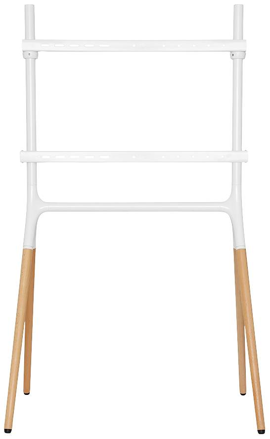 A white clothes stand with two metal crossbars and four sturdy wooden legs, suitable for hanging clothing.