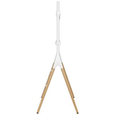 A white tripod with adjustable wooden legs demonstrates a minimalist and modern design. Suitable for various applications.