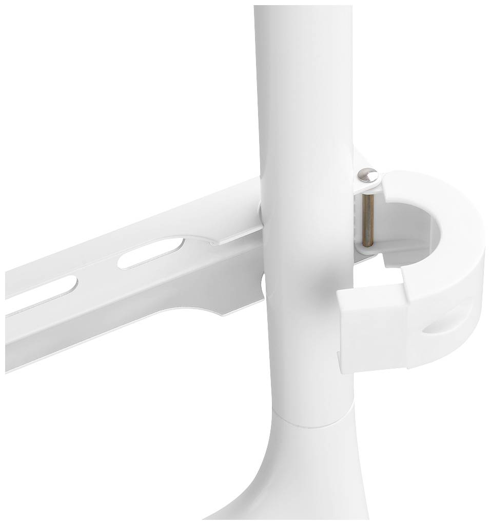 White mounting bracket with a vertical pipe enclosed in a curved clamp.