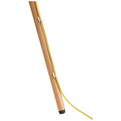 Wooden rod with a yellow cable attached by clips.