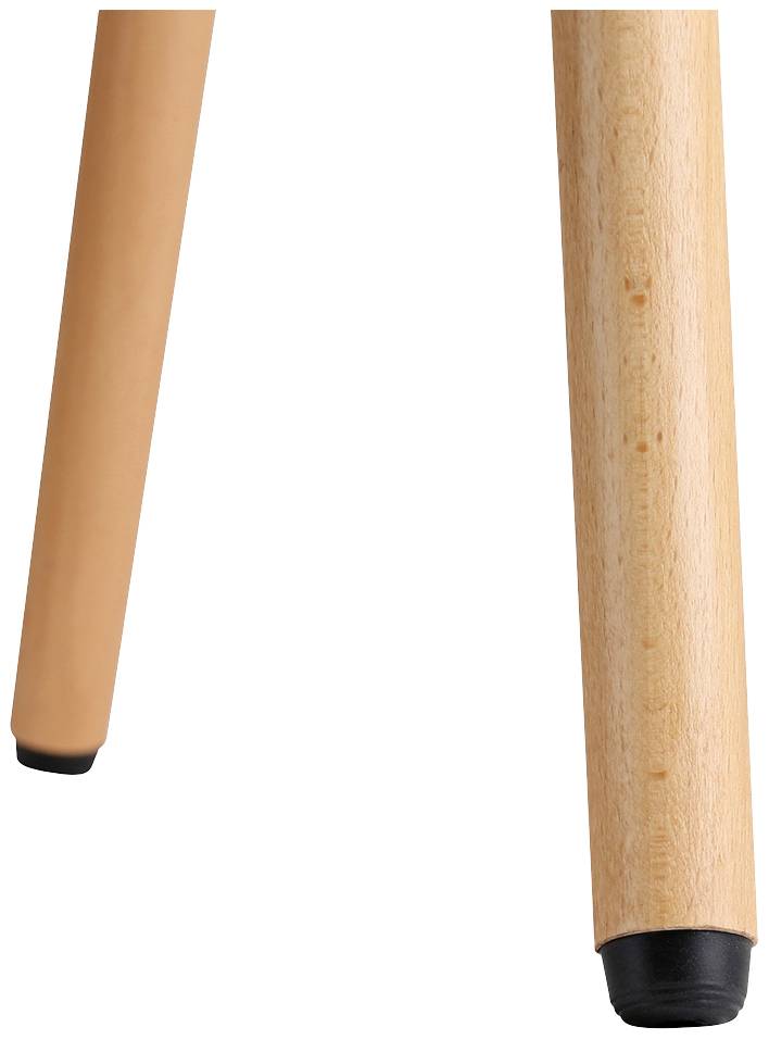 A table leg made of light-coloured wood with a black rubber foot on a light background.