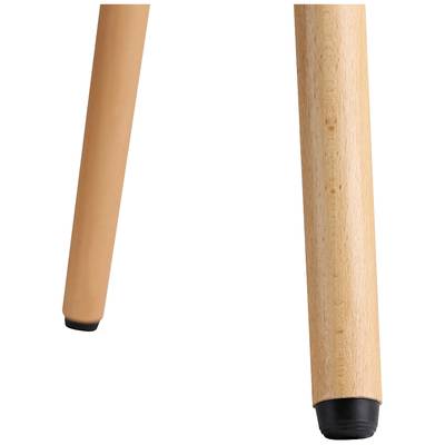 A table leg made of light-coloured wood with a black rubber foot on a light background.