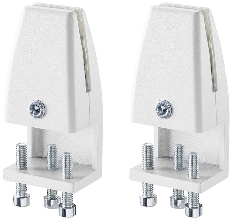 Two white glass clips for securing glass panes, with three screws on each base.