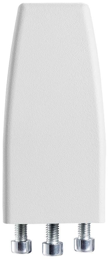 A white, rectangular plastic cover with three short, silver screws on its underside, set against a white background.