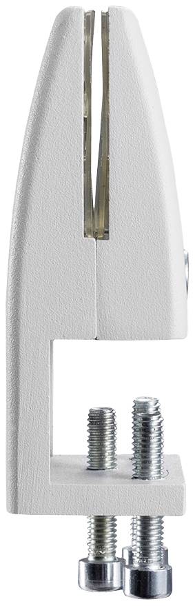 A grey metal table clamp with two screws. It is used to secure items to a tabletop.