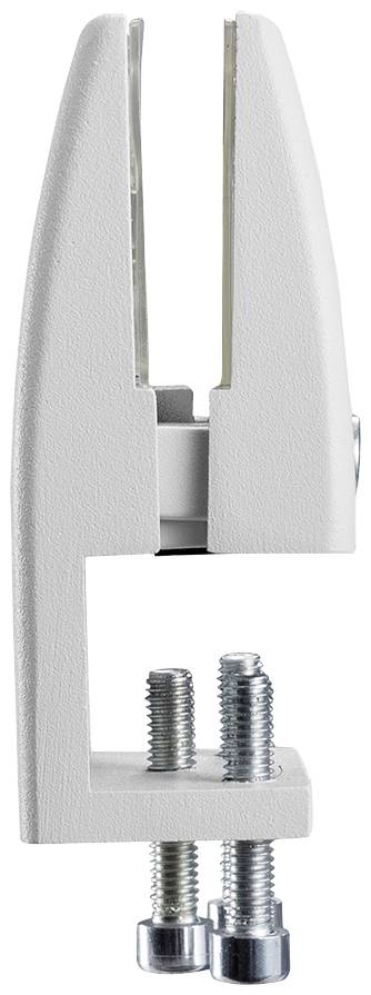 A white metal table clamp with two screws for attaching to a table edge. It has a U-shape and is open.